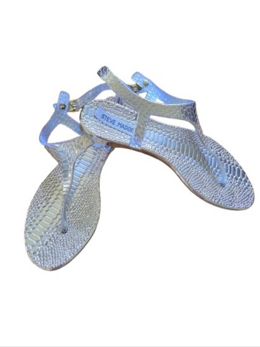 Steve Madden Women's Silver Snakeskin T-Strap Sandals Buckle Summer Shiny